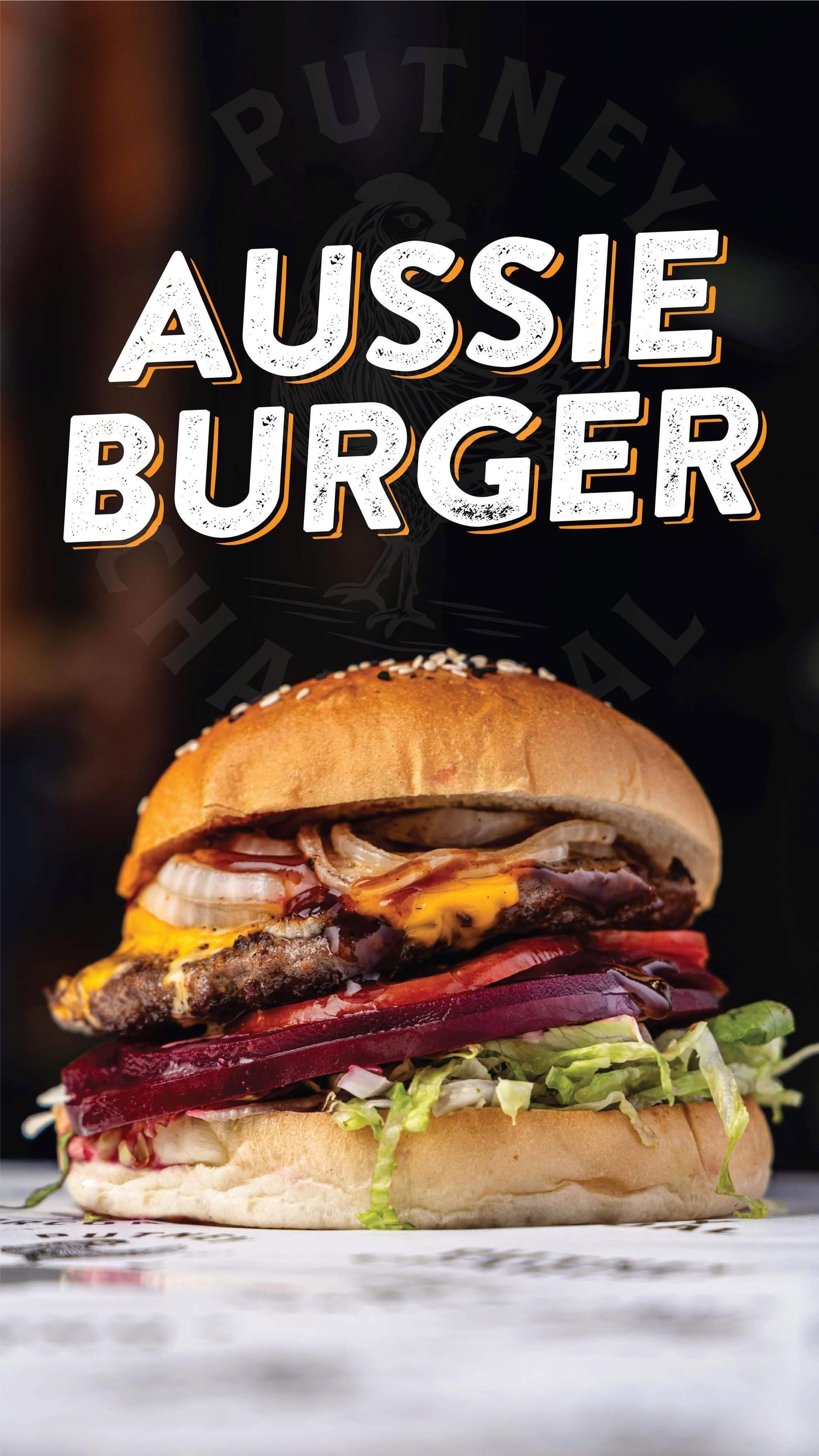 Aussie Burger, beef patty with cheese, beetroot, lettuce, tomato